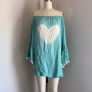 Women's Boho Swim Cover-Up in Aqua with Heart Design